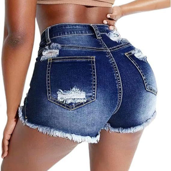 A pair of deep blue, high-waisted, hole-trimmed skinny denim shorts for women.