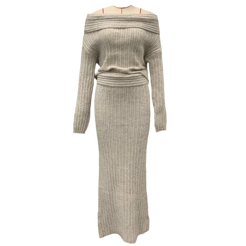 Elegant Off Shoulder Sweater Skirt Suit
