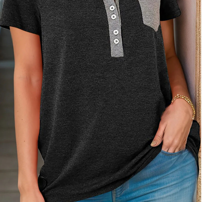 Half Button Short Sleeve T-Shirt - runwayfashionista.com