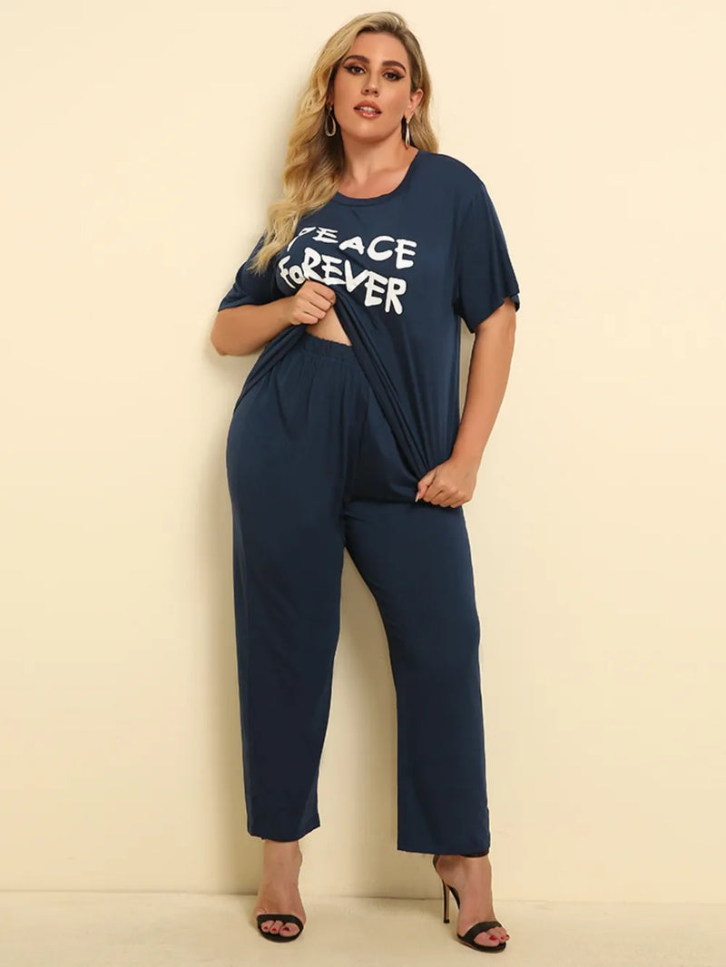 Plus Size PEACE FOREVER Dark Blue Short Sleeve Top & Pants Set - runwayfashionista.com