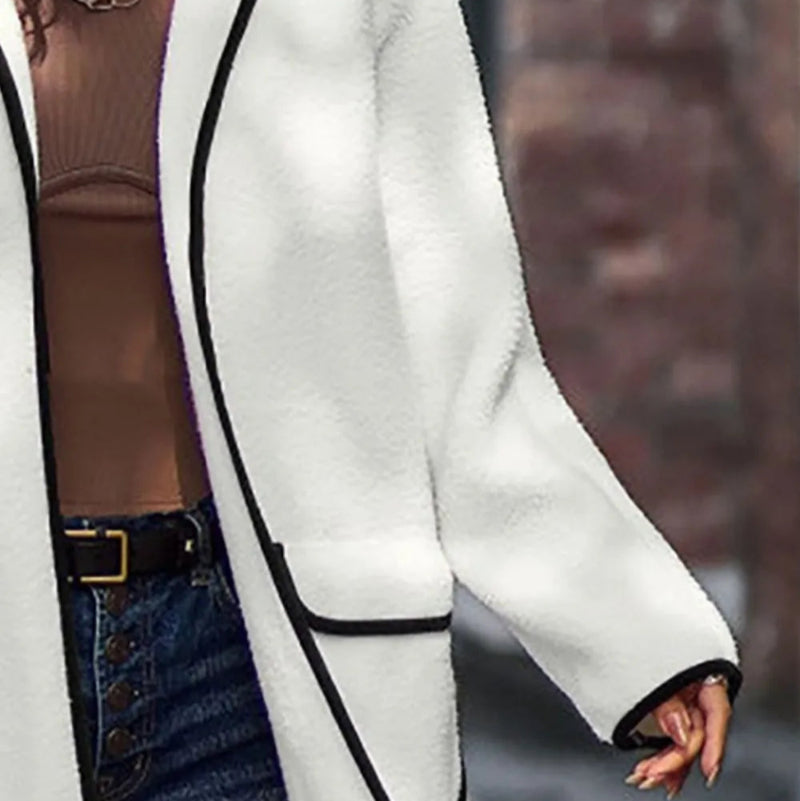 Contrast Trim Long Sleeve Coat with Pockets - runwayfashionista.com