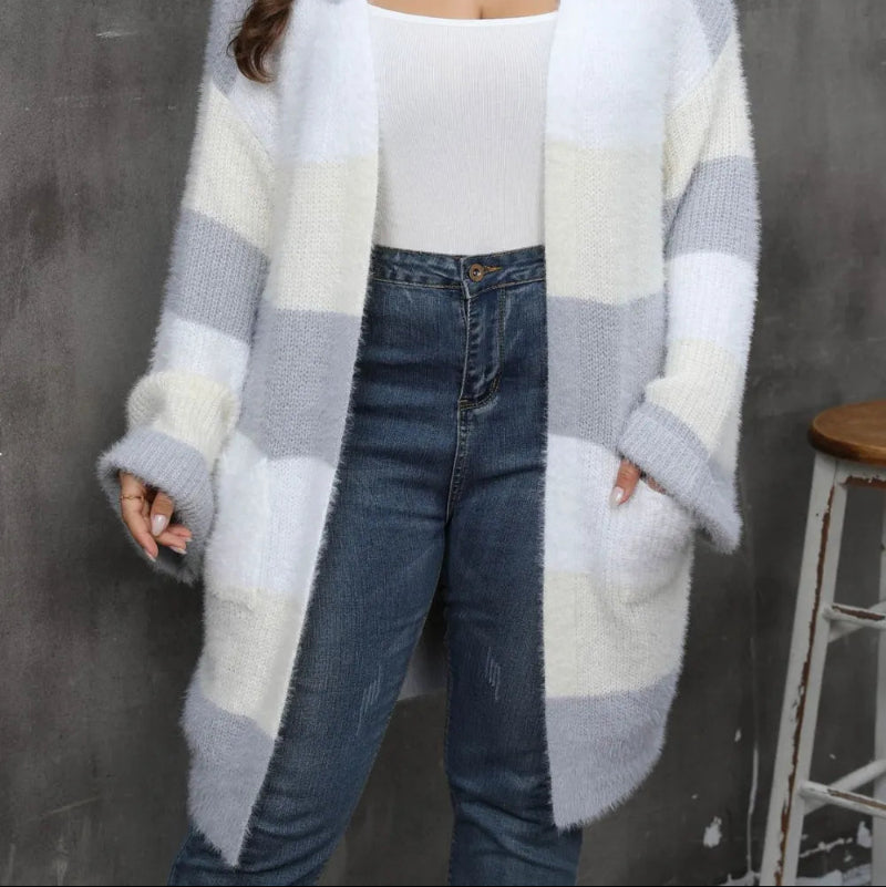 Model wearing a cozy imitation mink fur plus size cardigan