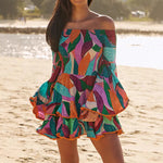 One-Shoulder Flared Sleeve Ruffle Mini Dress - Orange 