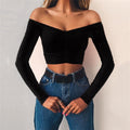 Long Sleeve Off Shoulder T-shirt - runwayfashionista.com