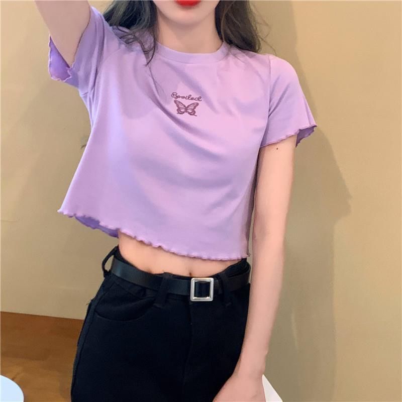 Chic Cartoon Slim Fit Short Sleeve Top - Violet