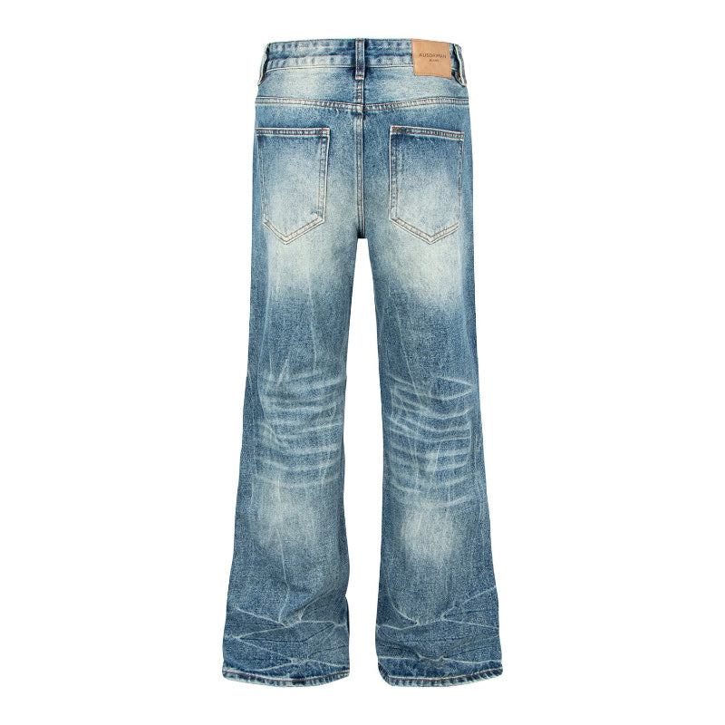 Retro Distressed Cat-Whisker Bamboo Stripe Flared Jeans - blue