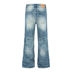 Retro Distressed Cat-Whisker Bamboo Stripe Flared Jeans - blue