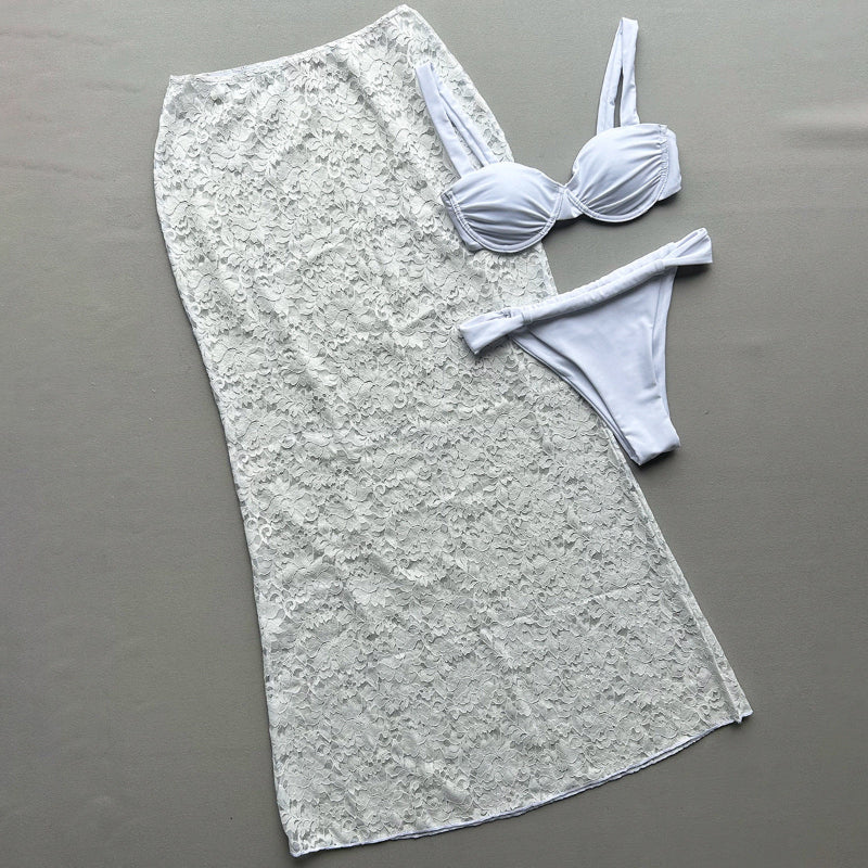 Turn heads with this bold three-piece bikini set designed to stand out at the beach or pool.