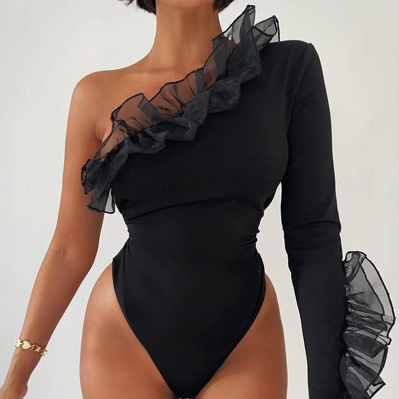 One Shoulder Sleeve Slim Wrap Hip Bodysuit - runwayfashionista.com