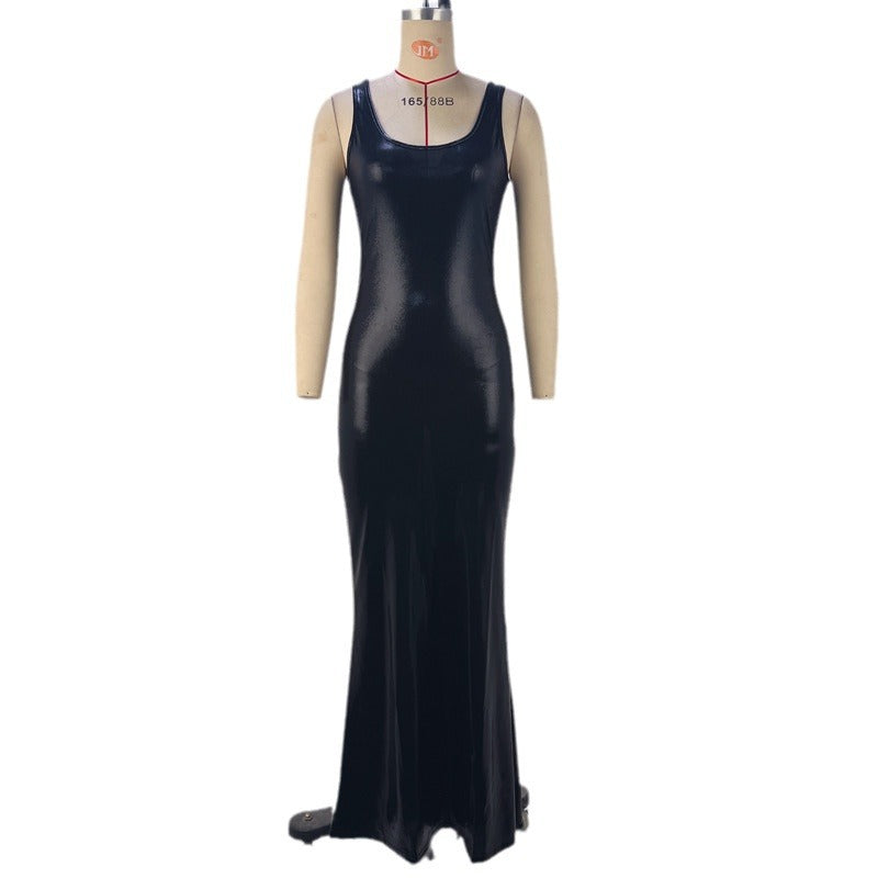 U-neck Split Vest Maxi Dress - Black