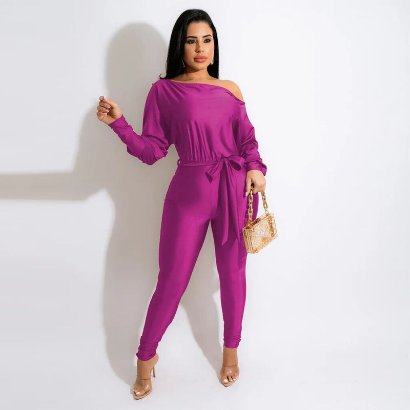 One Shoulder Lace Up Long Sleeved Jumpsuit - runwayfashionista.com