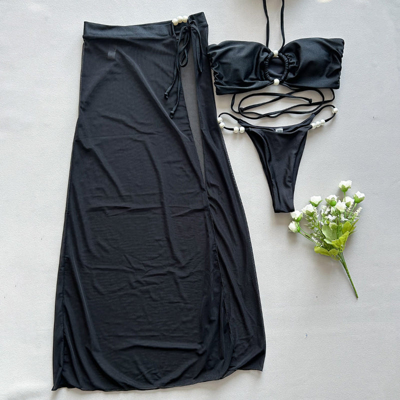 This bold three-piece bikini set is designed to turn heads and embrace your confidence with every wear.