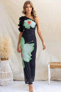 Model wearing white one shoulder slim fit printed tulle midi dress with high waist and gentle elegance