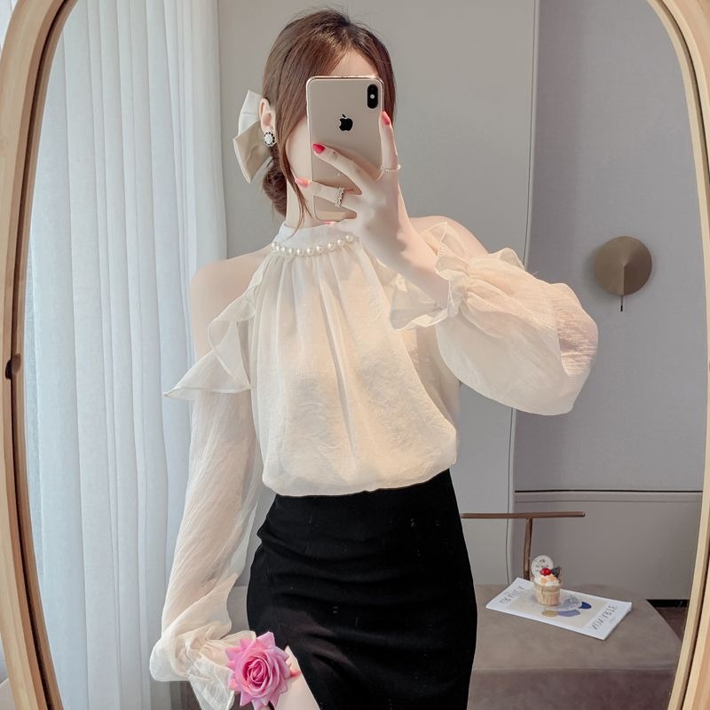 Off-shoulder chiffon shirt