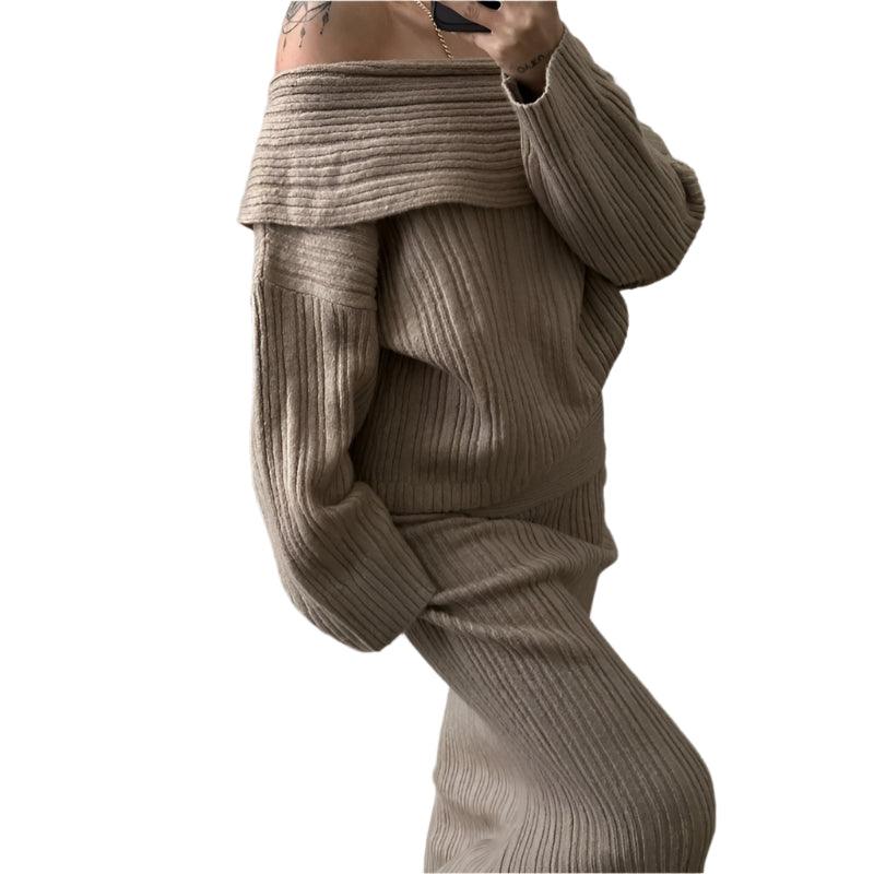 Elegant Off Shoulder Sweater Skirt Suit