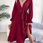 V-Neck Lace Waist Lotus Leaf Dress