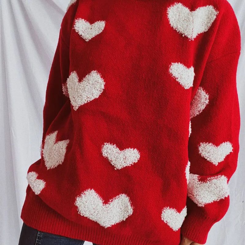 Heart Round Neck Dropped Shoulder Sweater - runwayfashionista.com