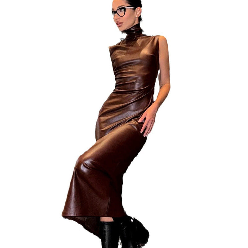 Edgy Sophistication: Sleeveless PU Leather Midi Dress