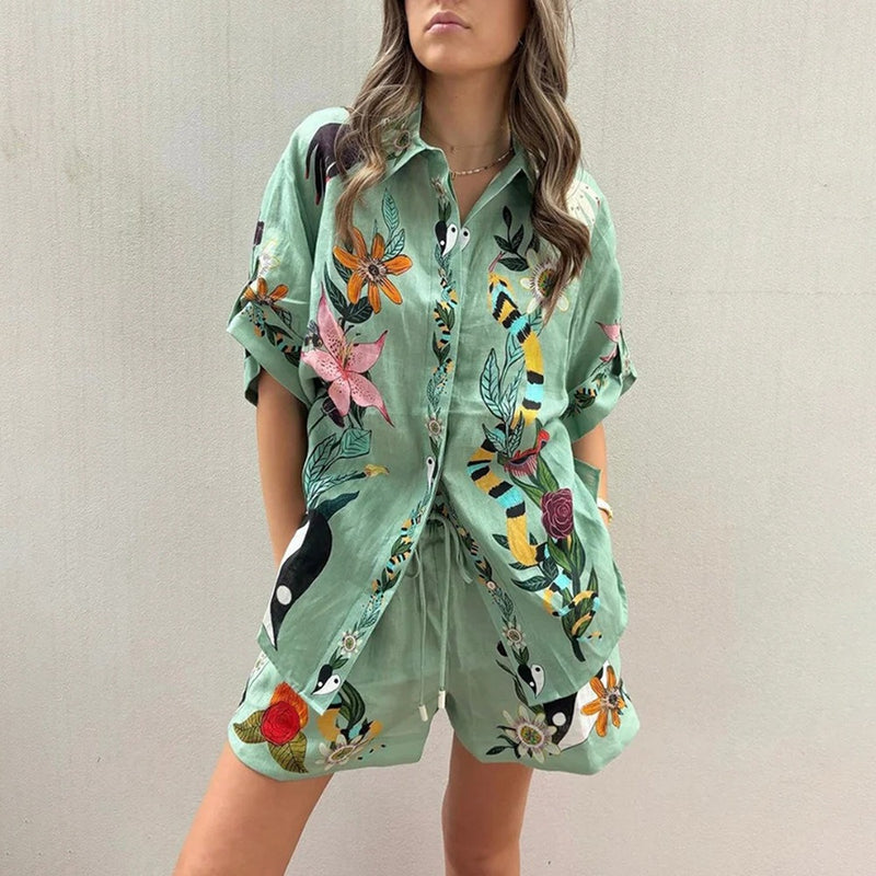 Lapel Shirt Shorts Two Piece Set