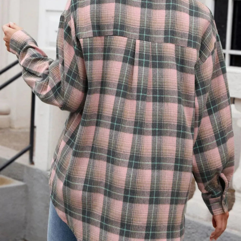 Plaid Collared Neck Long Sleeve Shirt - runwayfashionista.com