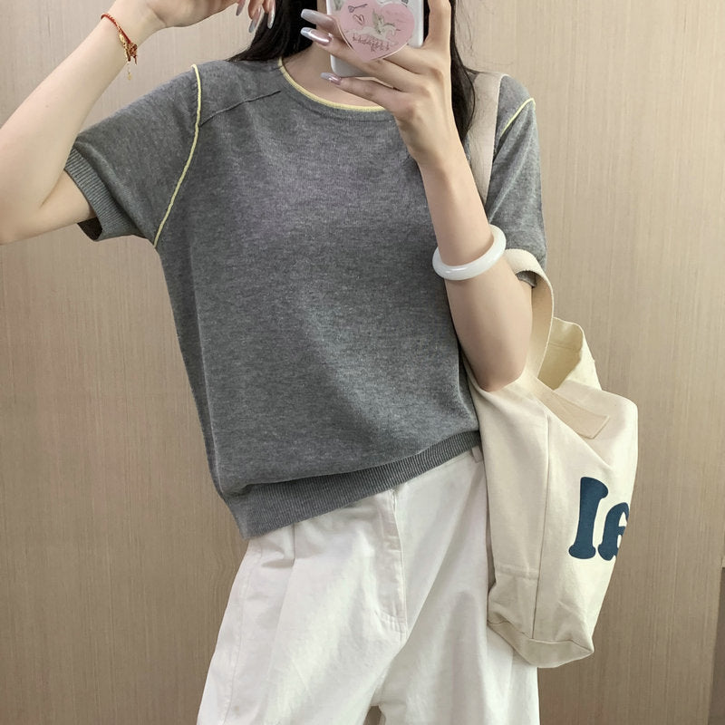 Round Neck Short Sleeve Silk Top