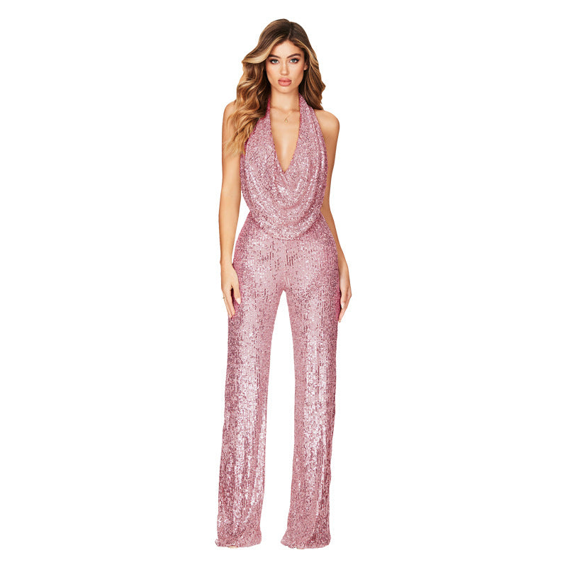 Sleeveless Halterneck Sequin Jumpsuit - runwayfashionista.com