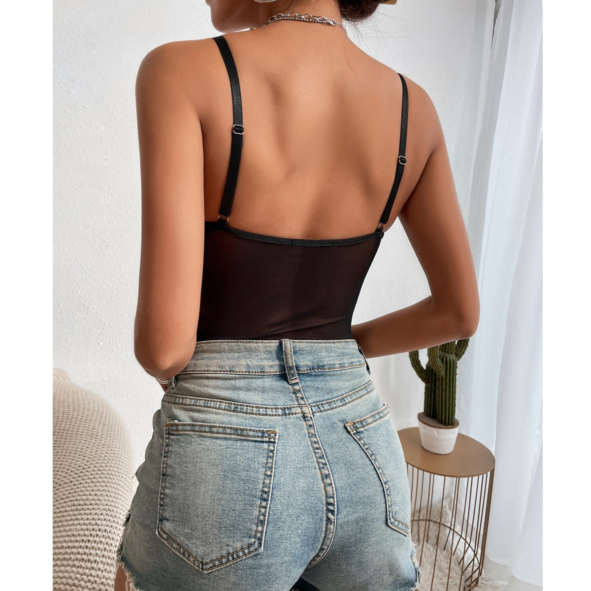 See-Through Backless Lace Fishbone Stitching Bodysuit - runwayfashionista.com