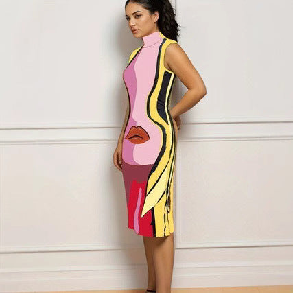 High Neck Lip Print Fitted Midi Dress