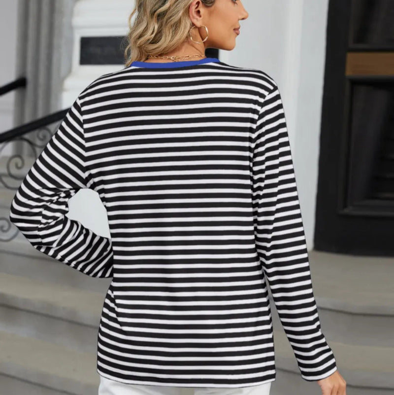 Striped Notched Long Sleeve T-Shirt - runwayfashionista.com