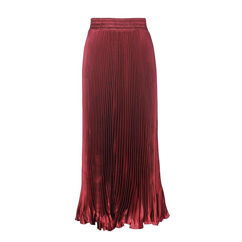 Glossy pleated long skirt