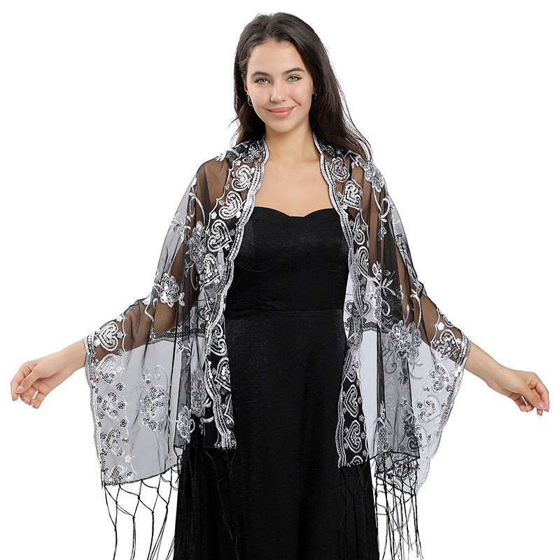 Flower Sequin Embroidered Long Fringe Shawl