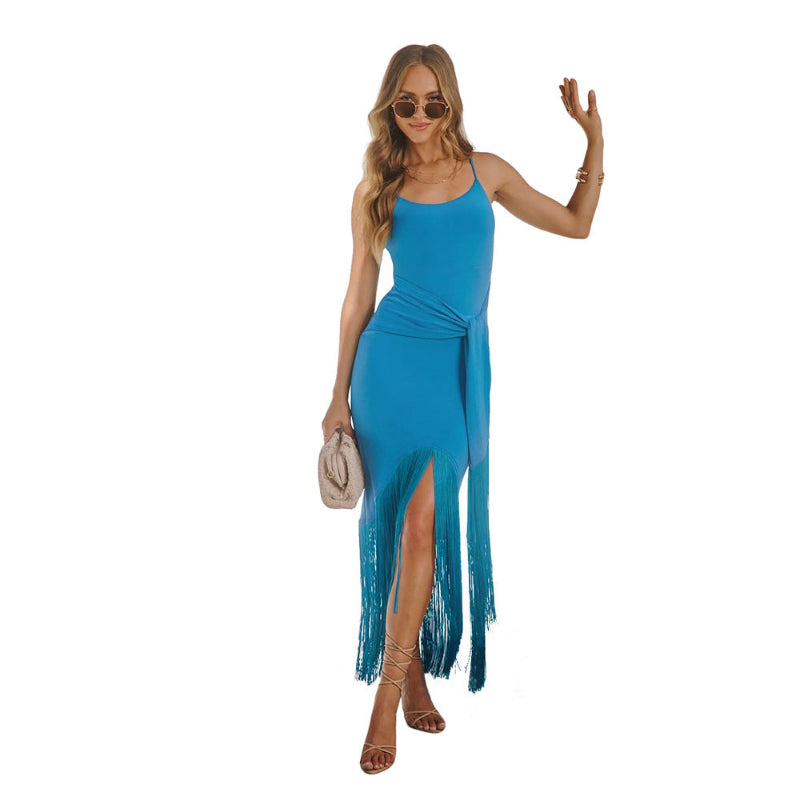 A sleeveless midi dress in a solid blue color, featuring a round neck, tassel tie detail, and a fitted bodice.