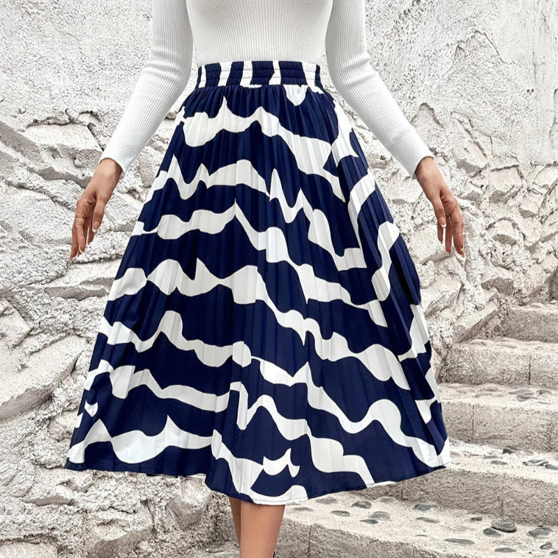 Pleated Printed Elastic Waist Skirt - runwayfashionista.com