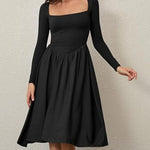 Square Neck Long Sleeve Pleated Midi Dress - black