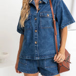 This denim suit features a stretchy elastic waist for bold style and comfortable wear.