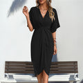 A collection of irregular hem midi dresses in black, khaki, burgundy, and military green, featuring V-necks, short sleeves, and pleats.