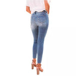 These high-waisted ripped elastic jeans combine edgy style with a comfortable, flexible fit for a bold, confident look.