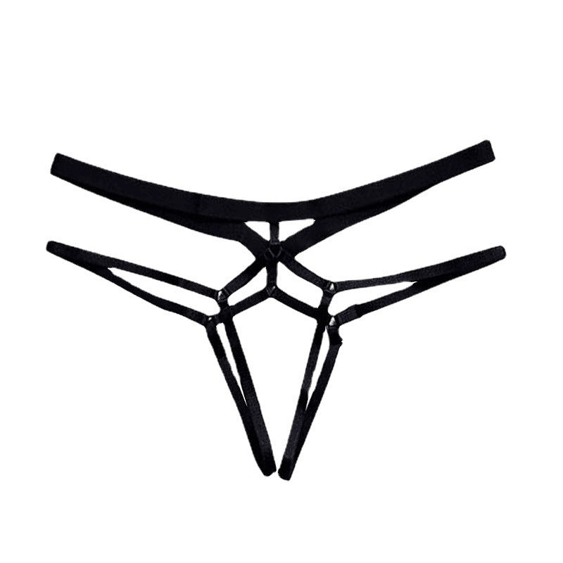 Red or black plus size lace-up thong made of woven polyester, offering no trace, hip lift, and breathability, available in sizes S-3XL.