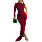 Asymmetrical Neck Single Long Sleeve Maxi Dress with Pleats - red