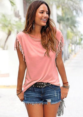 Round neck short sleeved tassel tie t-shirt top - runwayfashionista.com