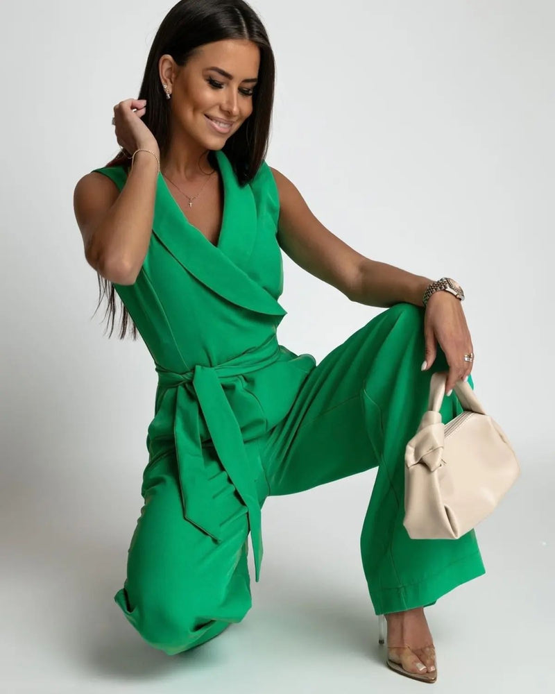 Sleeveless high waisted tie up straight leg Jumpsuit - runwayfashionista.com