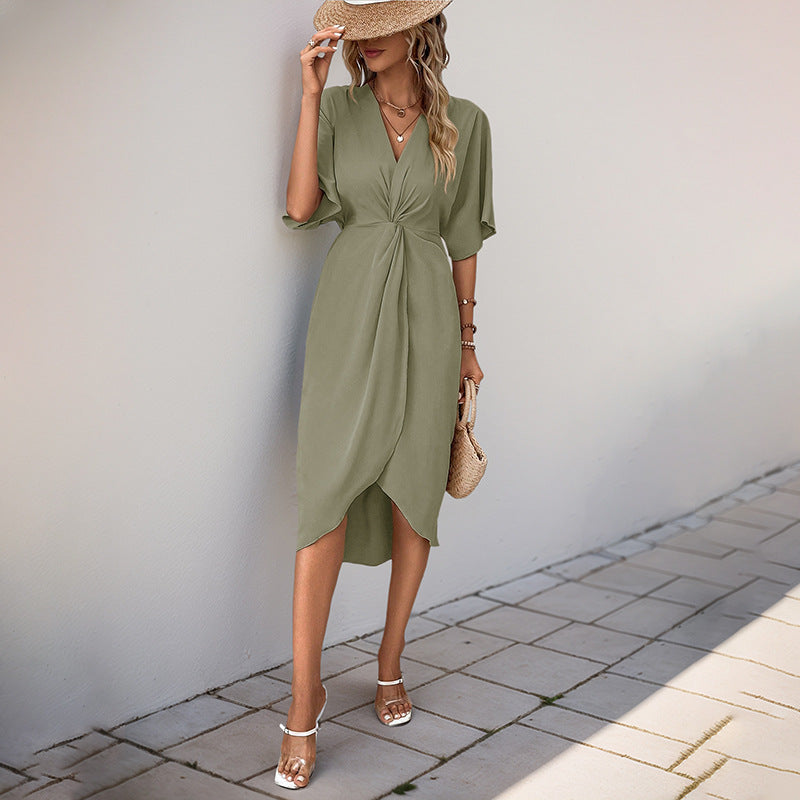 A collection of irregular hem midi dresses in black, khaki, burgundy, and military green, featuring V-necks, short sleeves, and pleats.