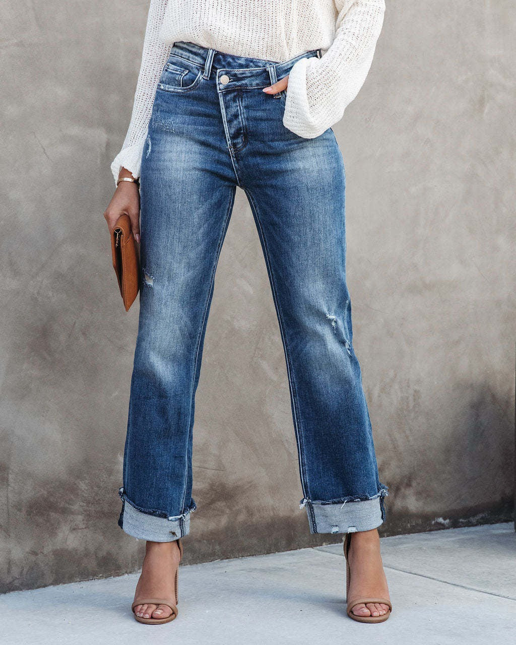 High Waist Button Splicing Straight Jeans - runwayfashionista.com