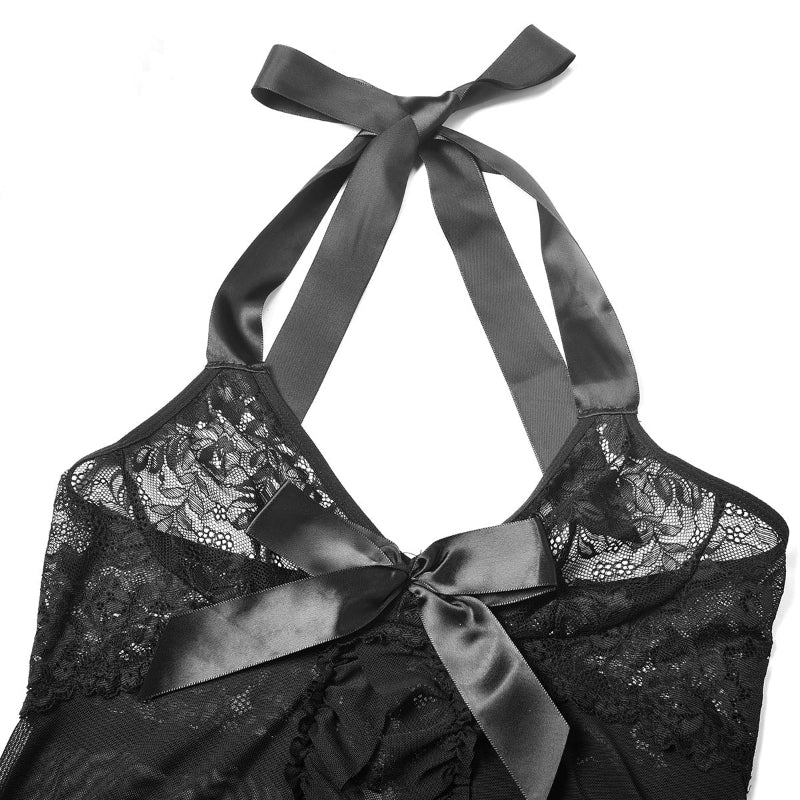 A close-up shot of an elegant lace and sheer bowknot lingerie dress in black, highlighting the intricate lace details and the delicate bowknot.