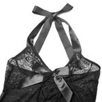 A close-up shot of an elegant lace and sheer bowknot lingerie dress in black, highlighting the intricate lace details and the delicate bowknot.