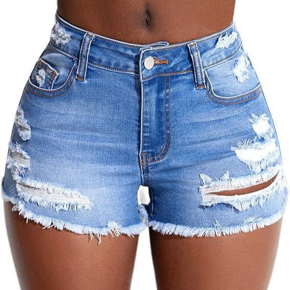 A pair of deep blue, high-waisted, hole-trimmed skinny denim shorts for women.
