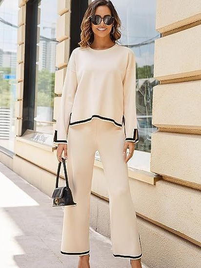 2 piece long sleeved knitted sweater top wide leg pants - runwayfashionista.com