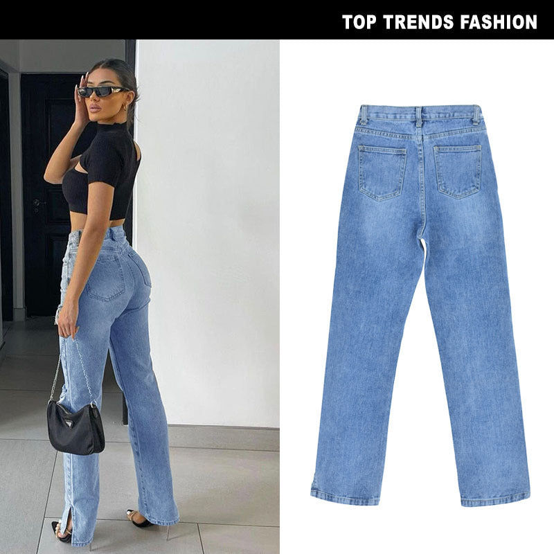 High-Waisted Slim Straight-Leg Denim - runwayfashionista.com