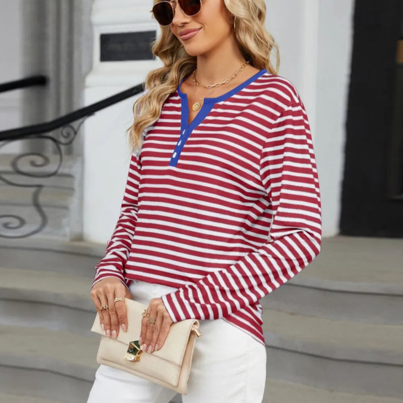 Striped Notched Long Sleeve T-Shirt - runwayfashionista.com