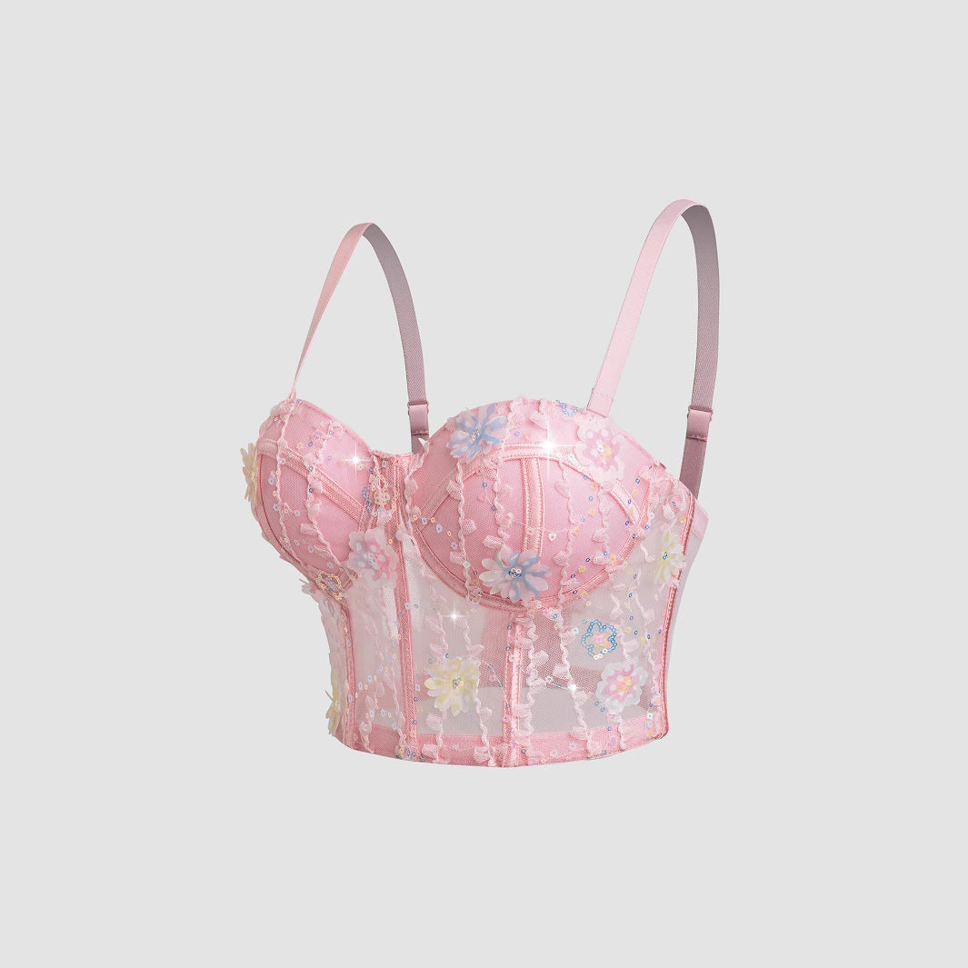 Bra Set Ultra-thin Mesh Fishbone Steel Ring Gathered Embroidered Underwear
